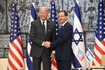 Joe Biden with&nbsp;Isaac Herzog&nbsp;at the Presidential residence in Jerusalem on July 14.