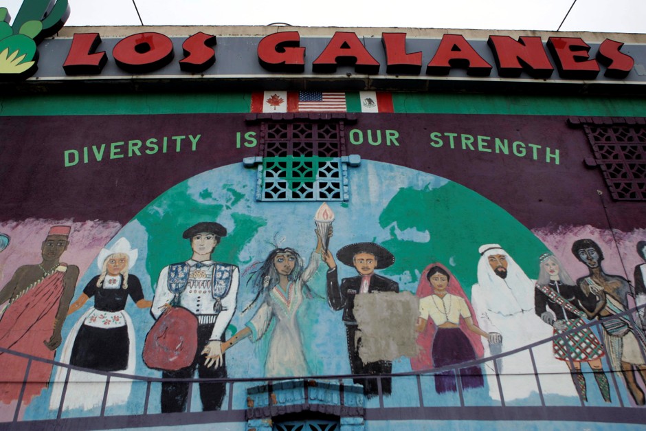 A mural at Los Galanes restaurant is seen in the Mexican Town district in Detroit.