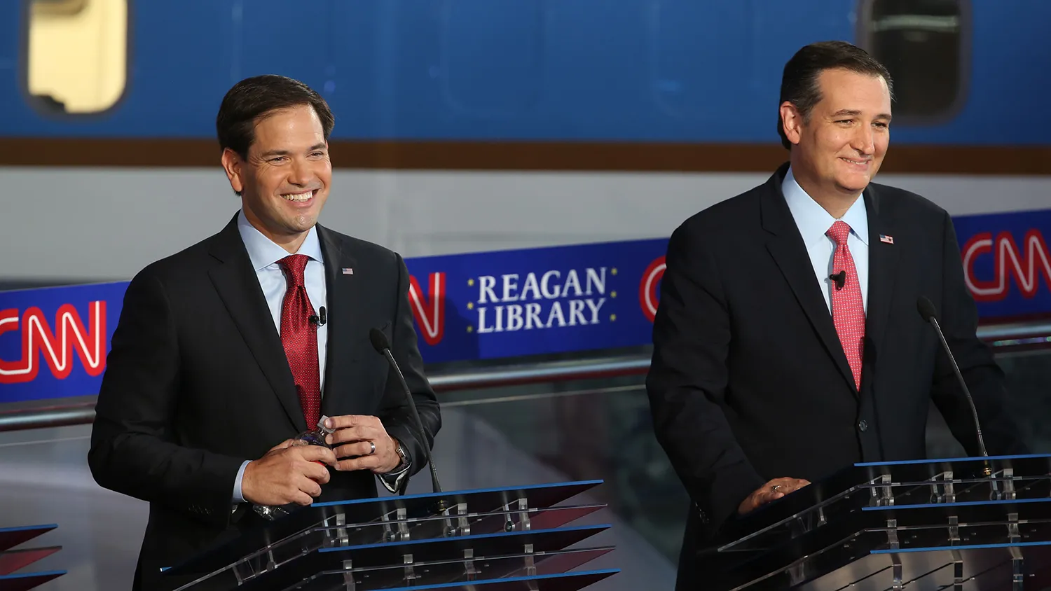 Republican presidential candidates Marco Rubio and Ted Cruz take part in the presidential debate at the Reagan library on Sept. 16, 2015, in Simi Valley, California.
