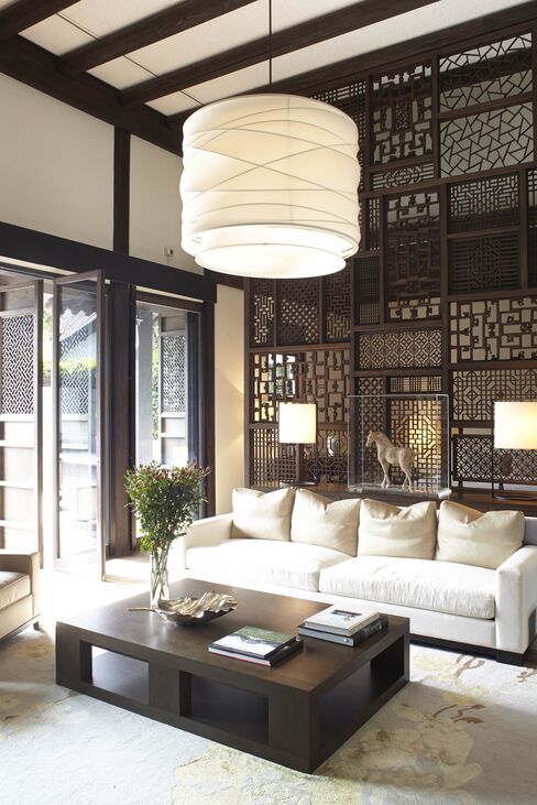 The sitting rooms of the master bedroom of the main house; the wall behind the sofa is made from antique screens.