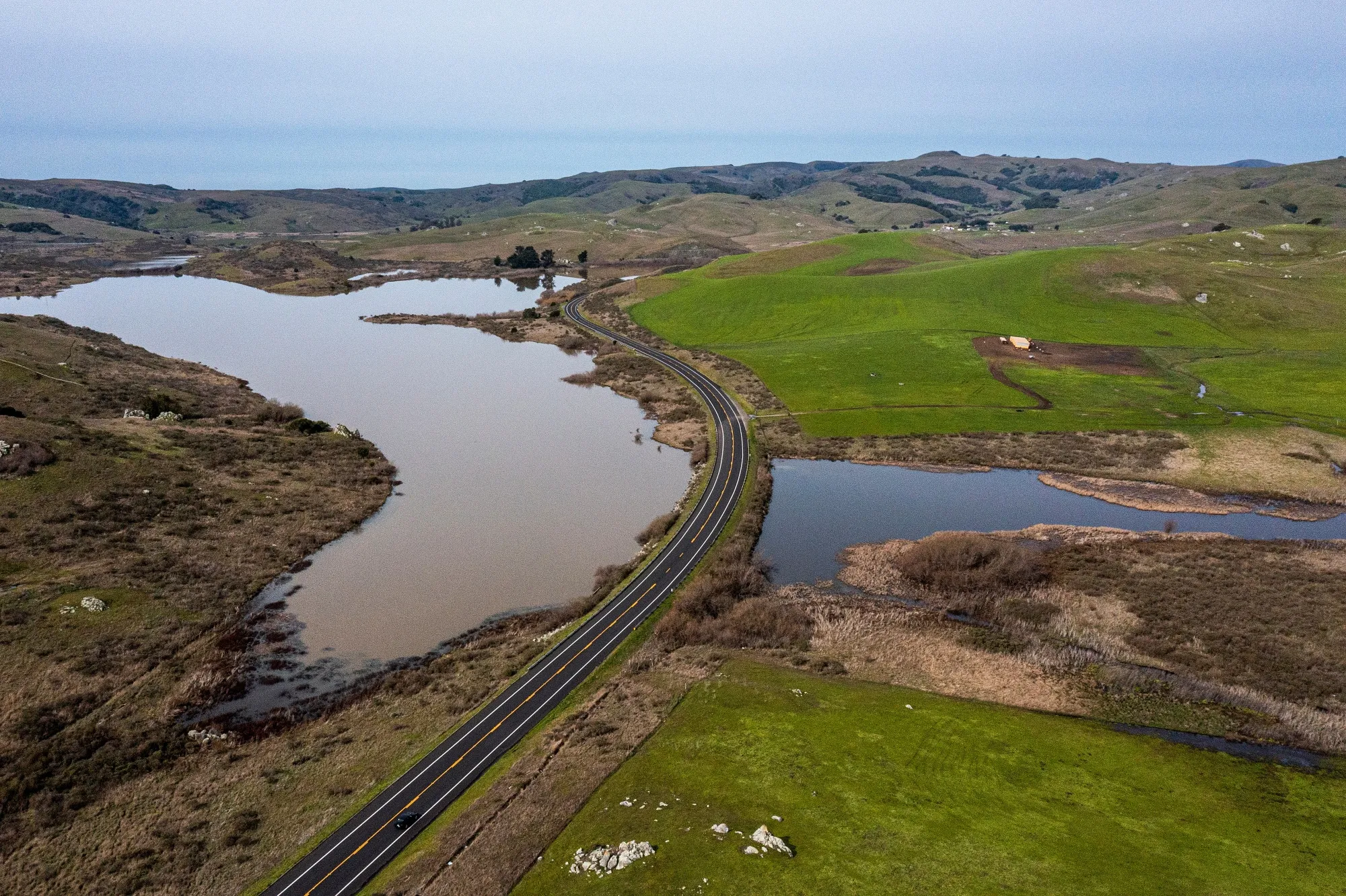 Nicasio reservoir during drought conditions in Nicasio, California.