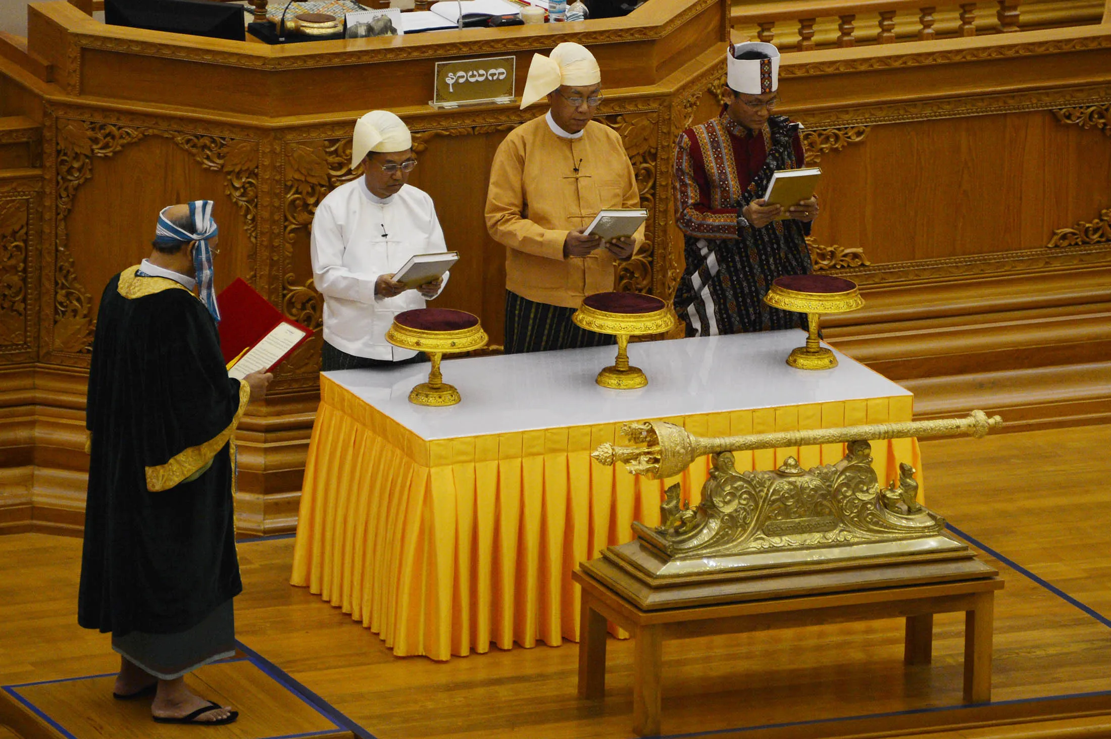 Htin Kyaw, second from the right, is sworn in.
