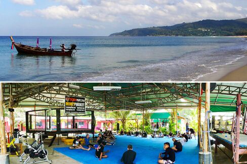 From top: Karon beach is 15 minutes away; a training class in session at Tiger Muay Thai.