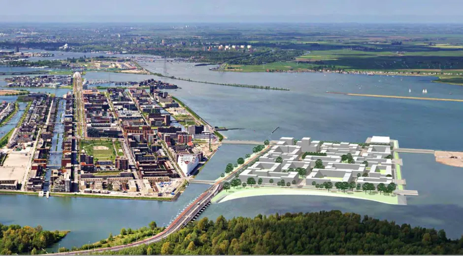 A mock-up of how Centrumeiland might look when complete. The already completed parts of the IJburg archipelago are shown to the left.