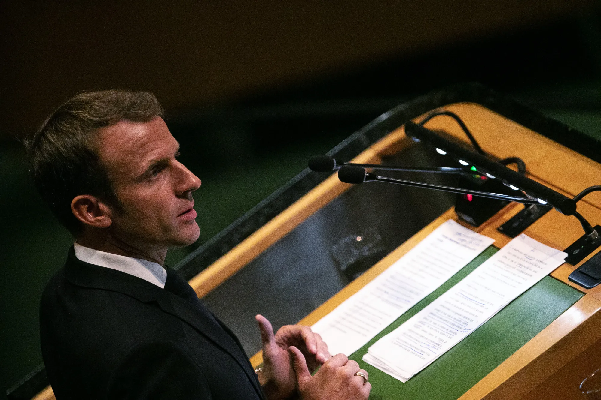 Emmanuel Macron speaks during the UN General Assembly meeting in New York on Sept. 25.