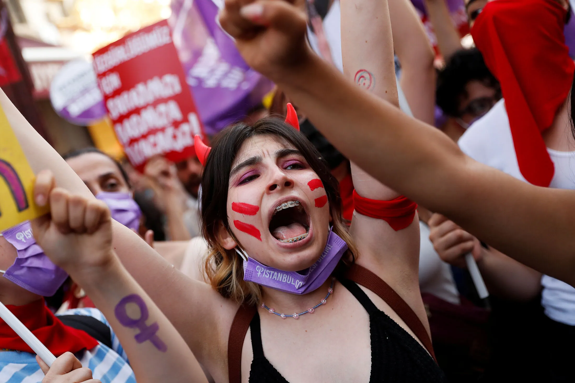 A protest in Istanbul on July 1 against Turkey’s withdrawal from the Council of Europe’s Istanbul Convention.