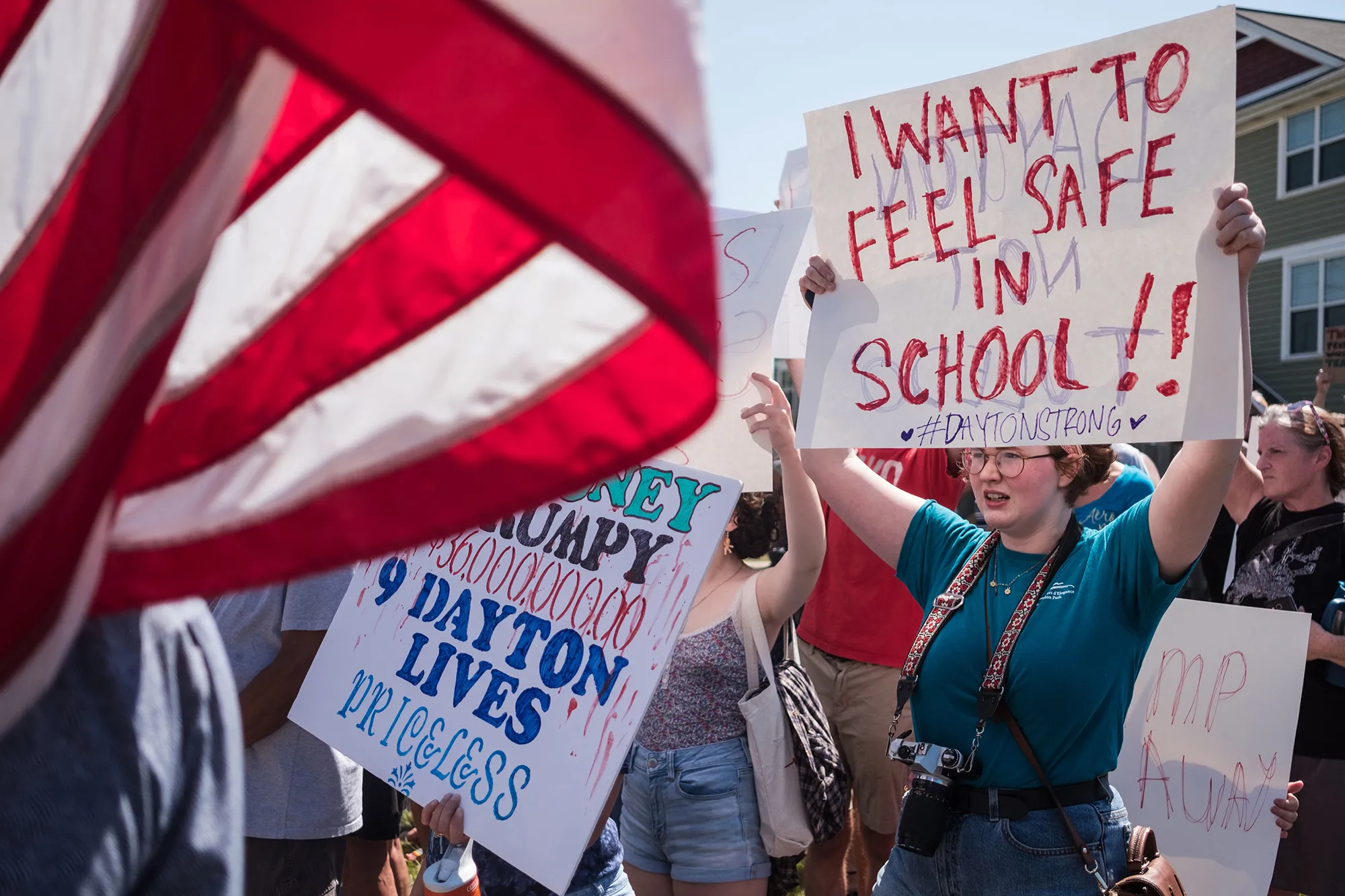 Demonstrators&nbsp;protest during Trump’s visit&nbsp;to the site of the mass shooting in Dayton, Ohio, on Aug.&nbsp;7, 2019.