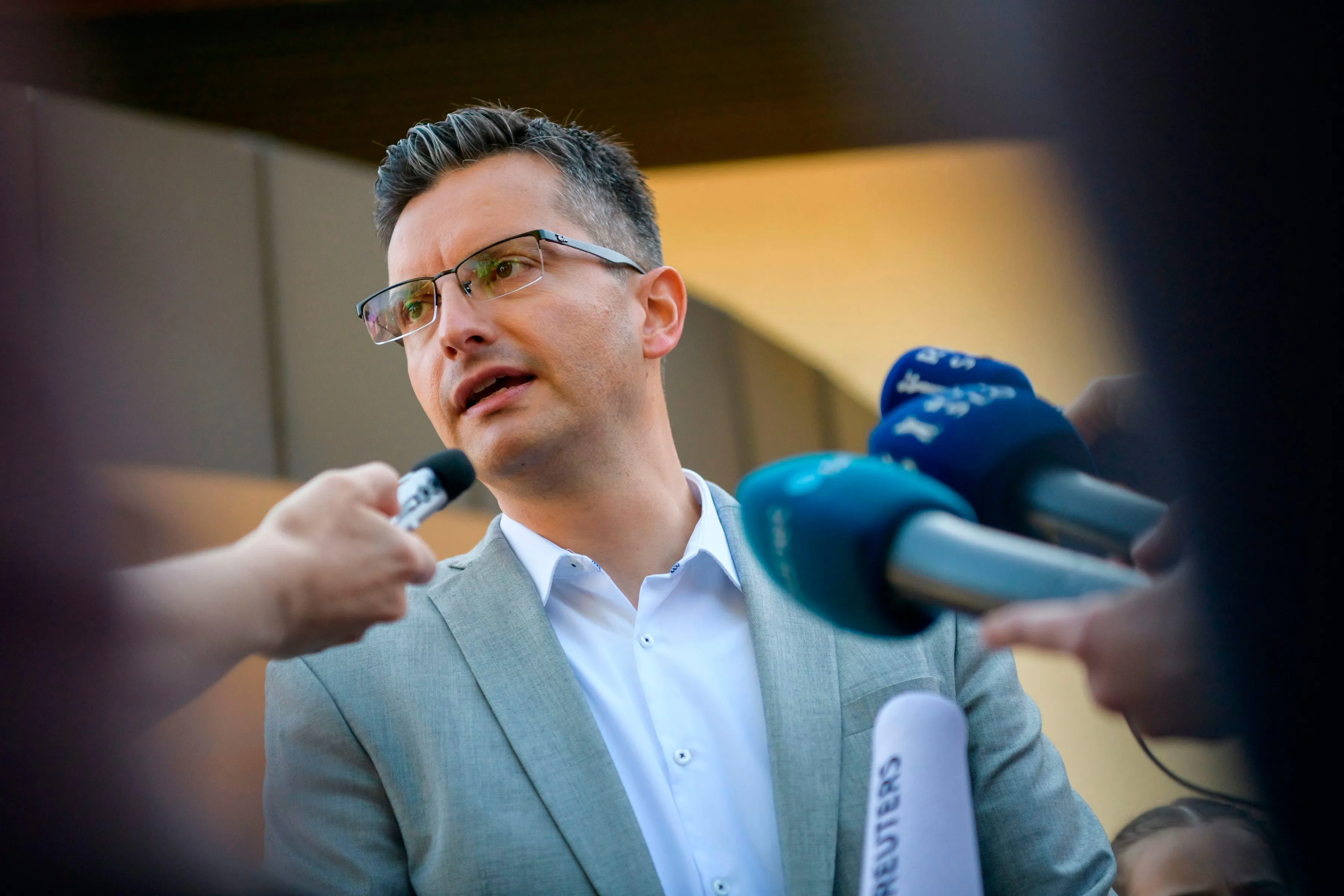 Marjan Sarec speaks to the press after casting his ballot at a polling station, in Kamnik, Slovenia on June 3.&nbsp;