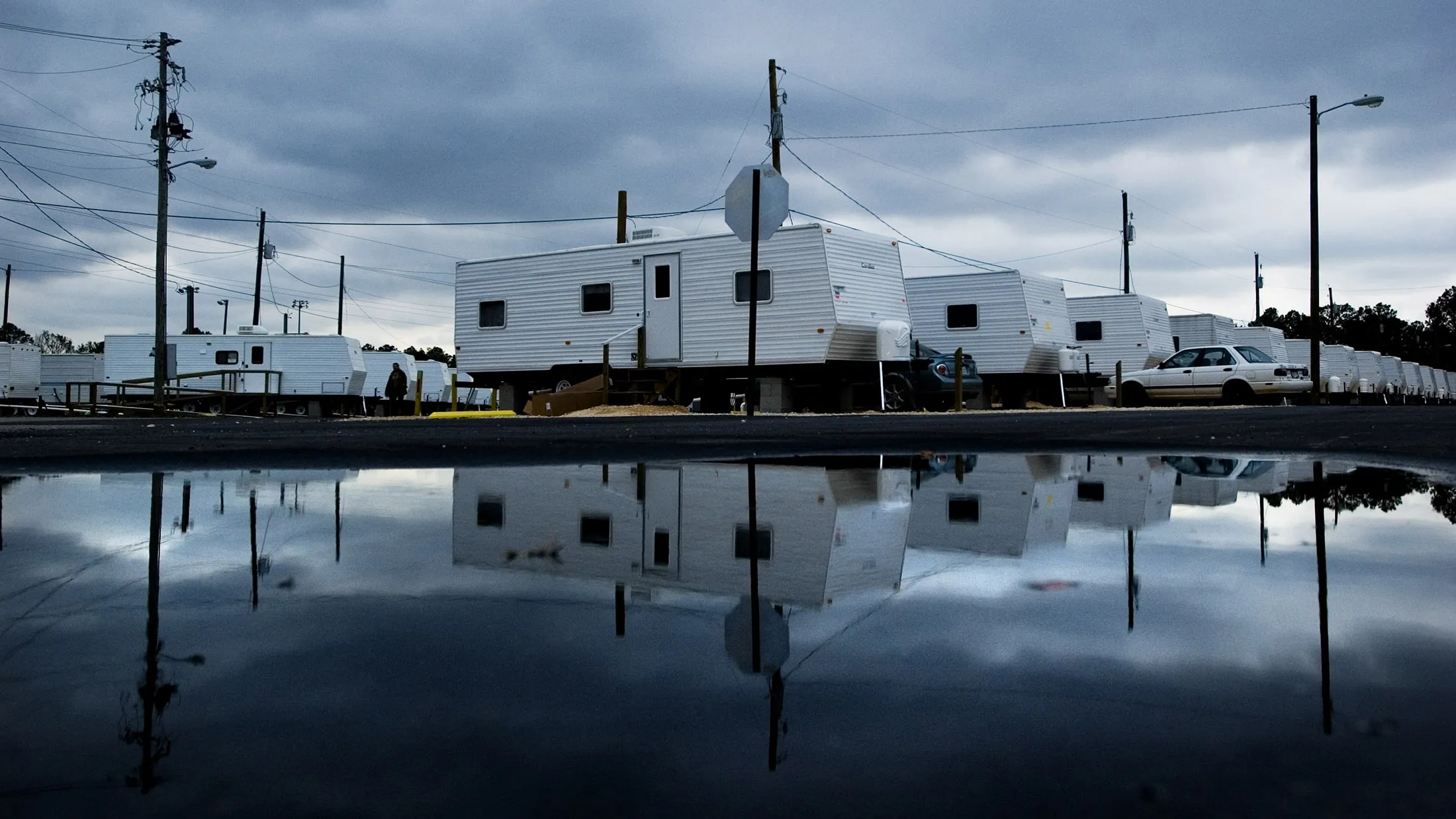 NEW ORLEANS, LOUISIANA - NOVEMBER 21: FEMA trailers housing people whose homes were destroyed, seen on November 21, 2005, in New Orleans, Louisiana after Hurricane Katrina devastated the city.
