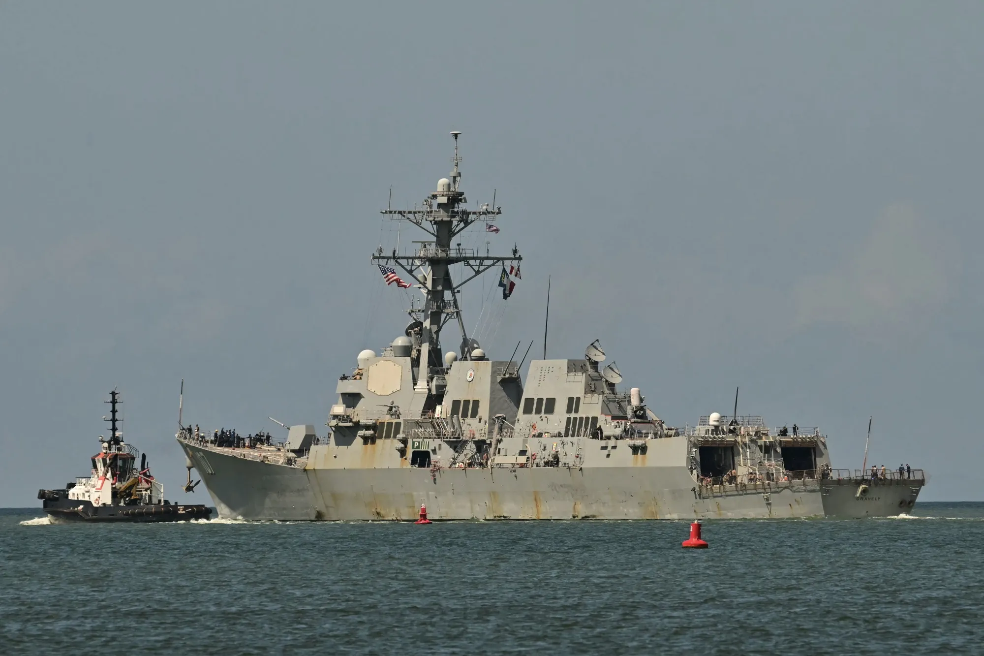 The USS Gravely, a US Navy warship, departs the Port of Spain, Trinidad and Tobago, on Oct. 30.