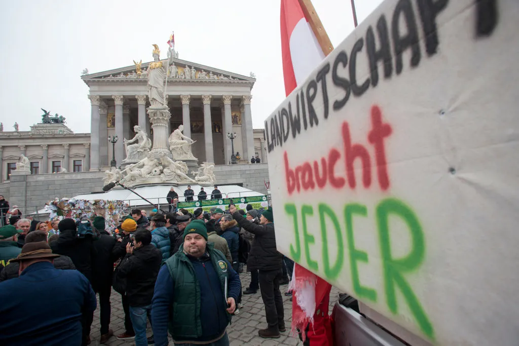 A banner reading 'Everyone needs agriculture' as farmers demonstrate against the current agricultural policy&nbsp;in Vienna earlier this year.