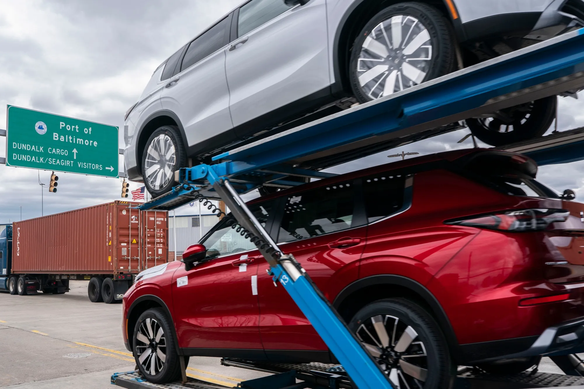 New vehicles transported at the Dundalk Marine Terminal of the Port of Baltimore in Baltimore, Maryland.