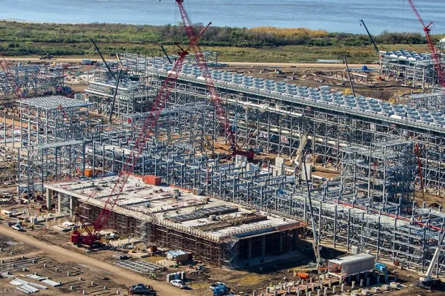 Construction at Cheniere Energy's liquified natural gas (LNG) terminal in Sabine Pass, Louisiana, in December 2013