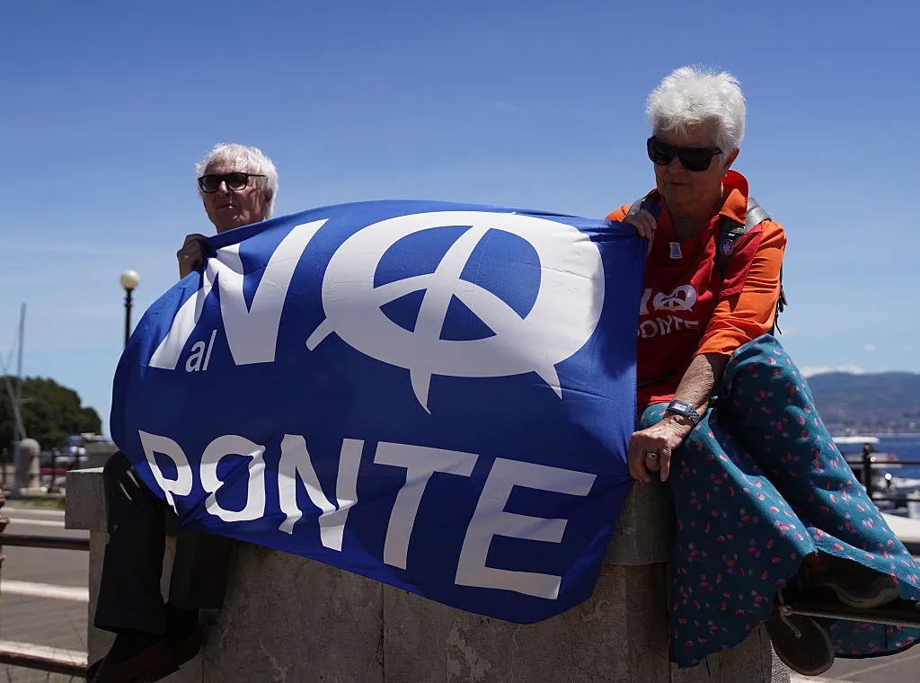 A protest&nbsp;in Messina, Italy, on May 30, 2025,&nbsp;against&nbsp;the construction of the bridge over the Strait of Messina.