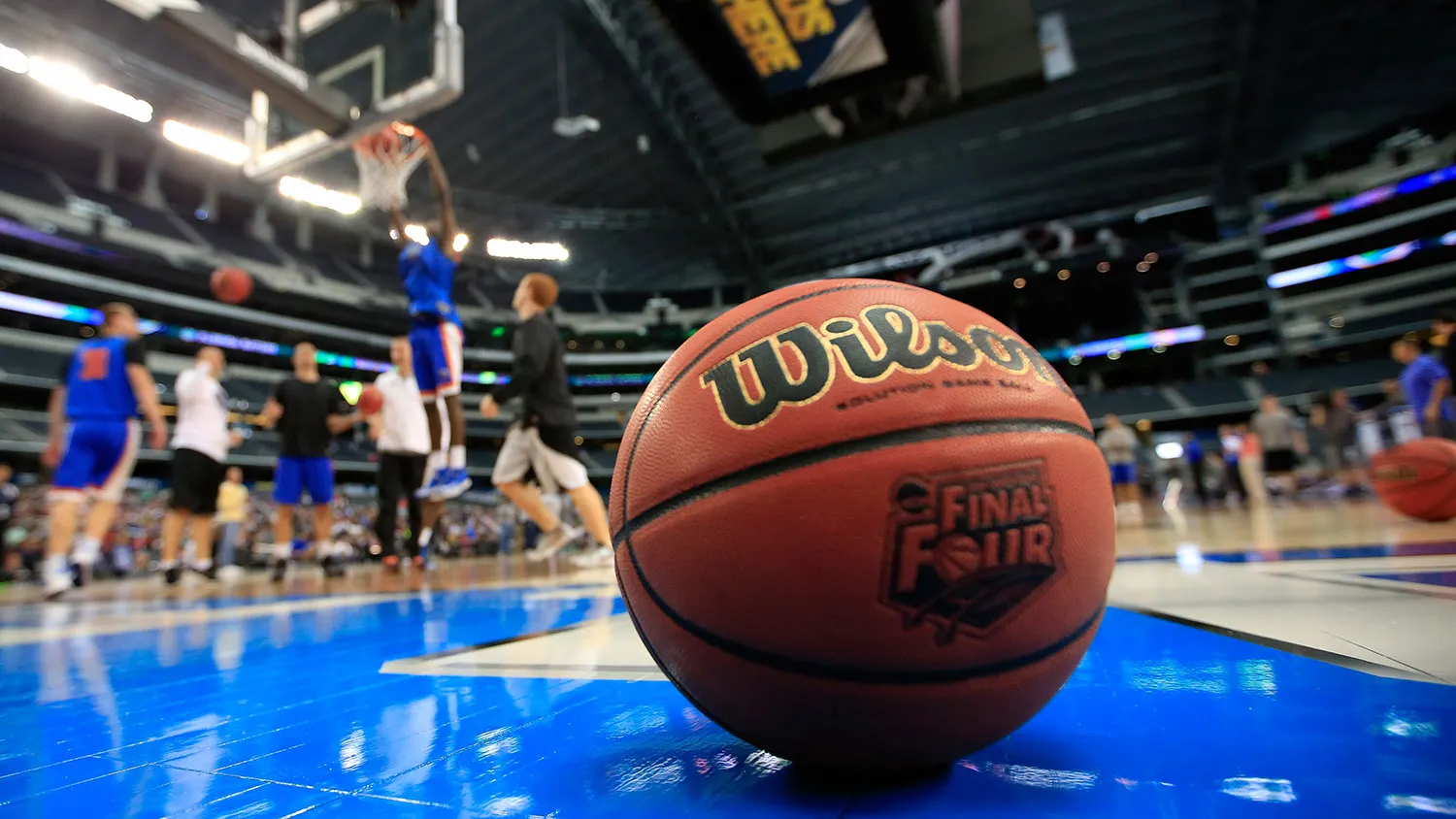 The Wilson basketball with the Final Four logo is seen as the Florida Gators practice ahead of the 2014 NCAA Men's Final Four at AT&amp;T Stadium on April 4, 2014 in Arlington, Texas.

