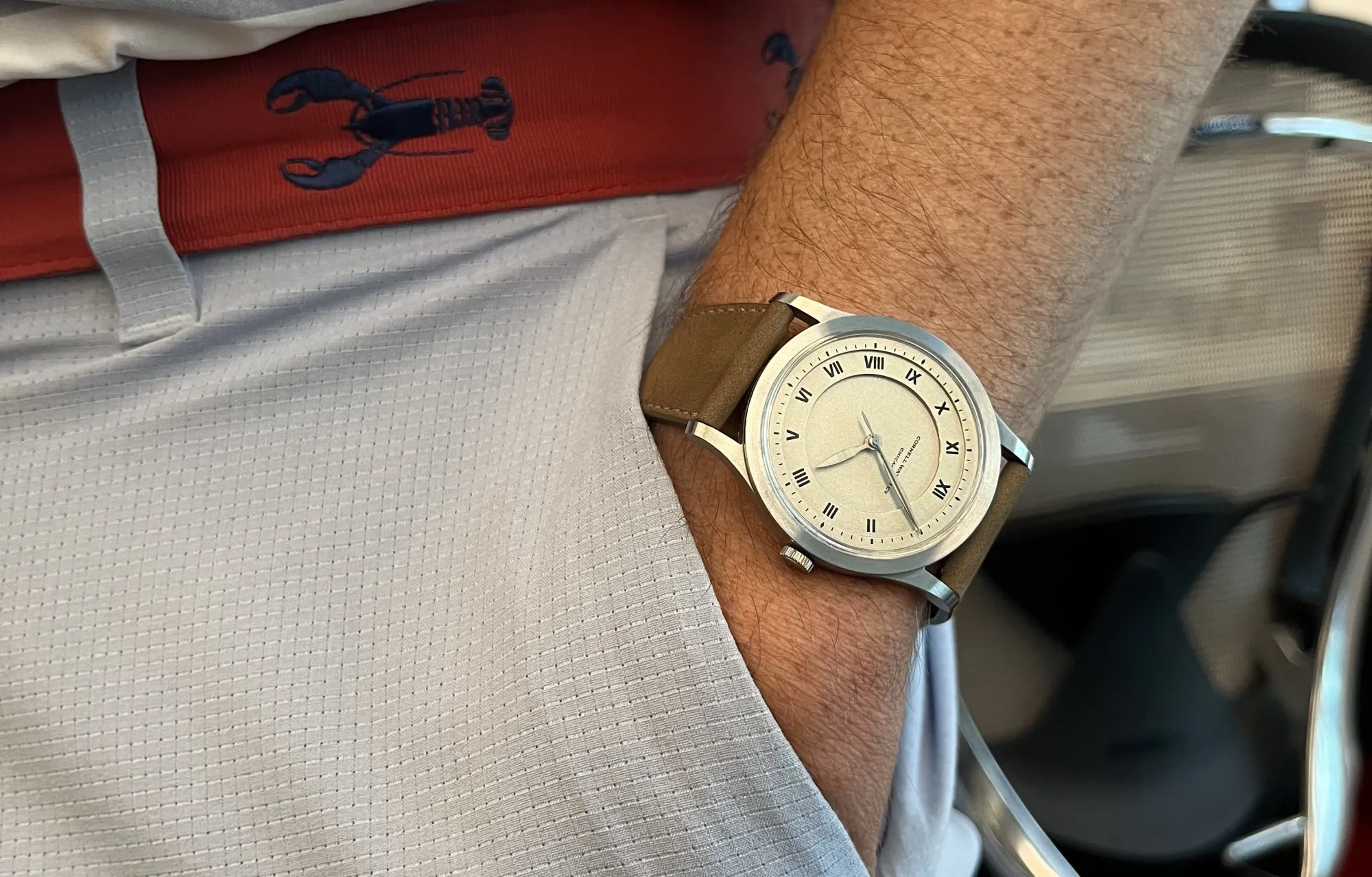 The Lozier, from the Chicago-based Cornell Watch Co., is 37.4mm across and has a silver dial with a distinctive, original font on the numerals and letters.