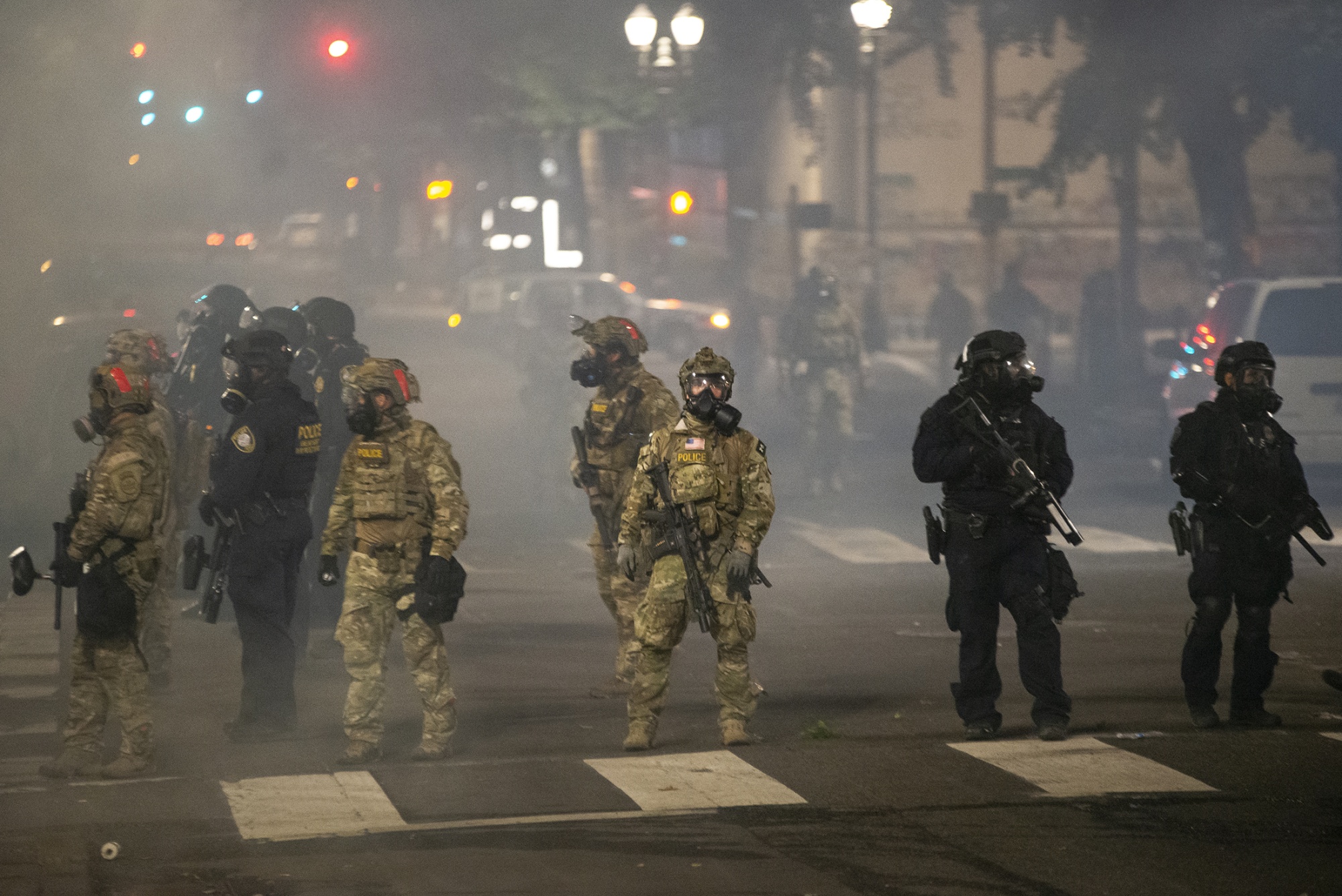Federal police on Salmon Street after pushing protesters away from the Mark O. Hatfield U.S. Courthouse in Portland, Oregon, on July 21, 2020.