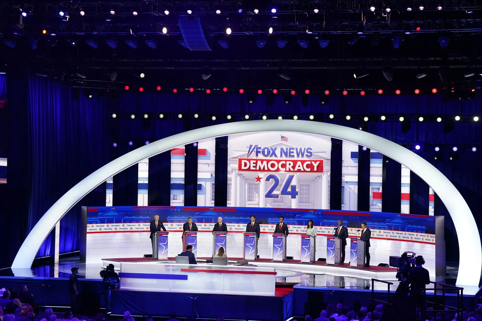 2024 Republican presidential candidates during the Republican primary presidential debate on Aug. 23.&nbsp;