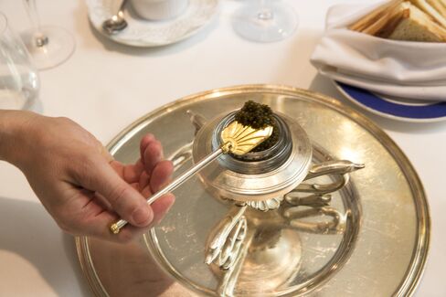 At Petrossian, mother of pearl spoons are swapped out for utensils plated in gold.