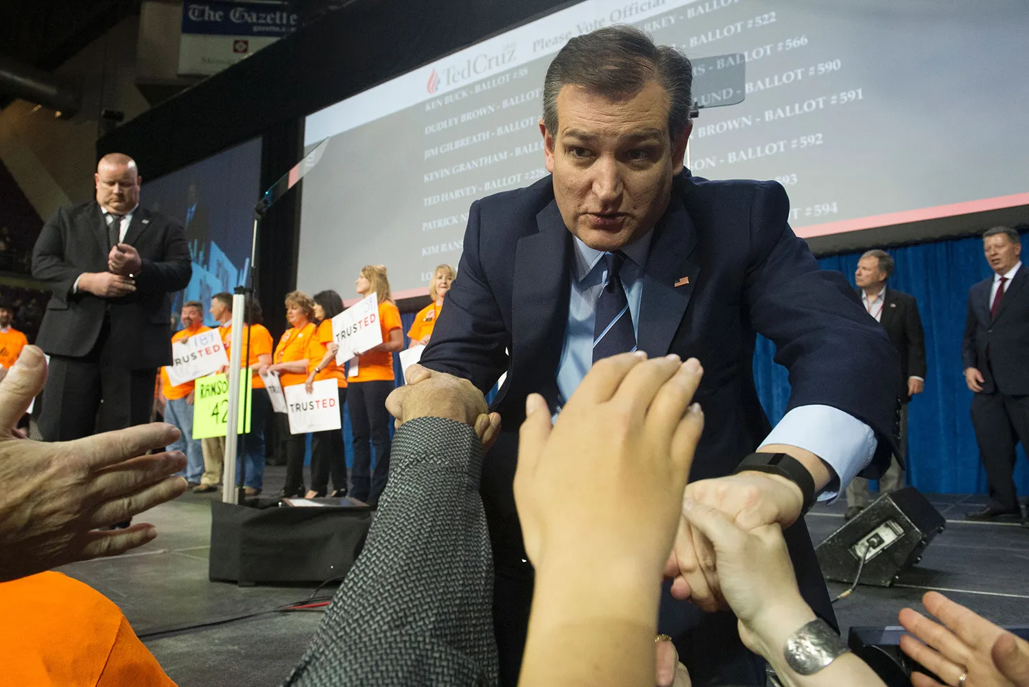 Republican presidential candidate Ted Cruz greets supporters in Colorado Springs, Colorado, on April 9, 2016.
