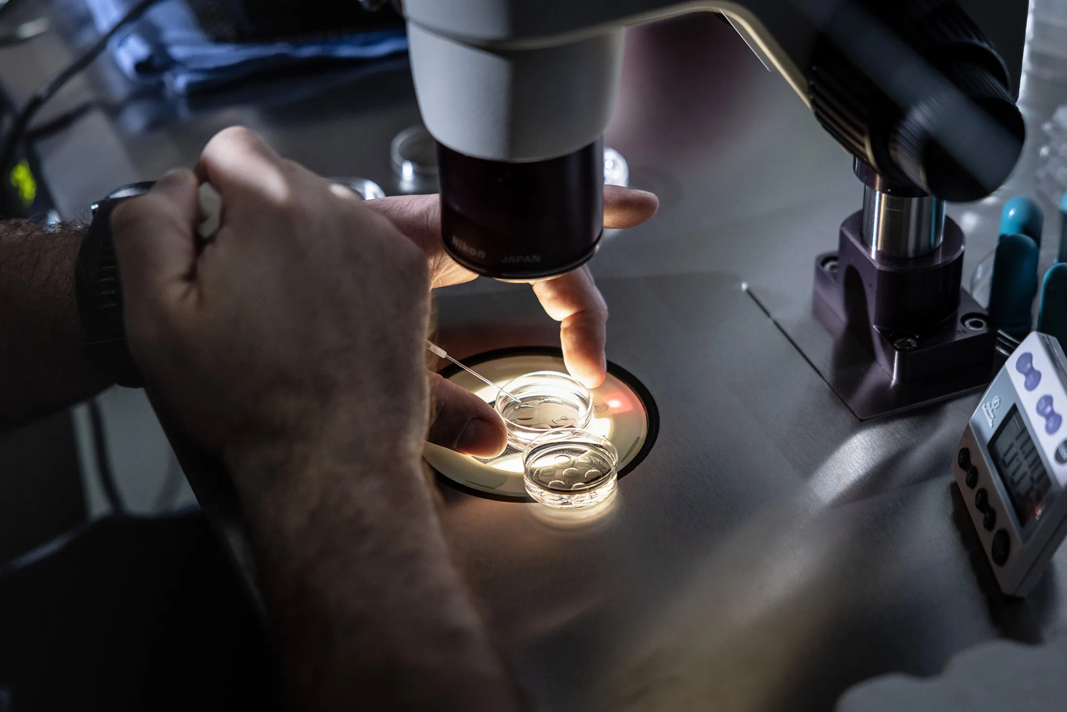 A senior embryologist&nbsp;adds media to petri dishes containing embryos, before freezing&nbsp;at West Coast Fertility Centers in Fountain Valley, California, in February.