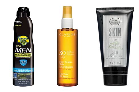 From left: Banana Boat for Men Clear Ultramist Triple Defense Sunscreen SPF 30; Clarins Sunscreen Care Oil Spray SPF 30; The Art of Shaving Eucalyptus SPF 15 Daily Facial Moisturizer