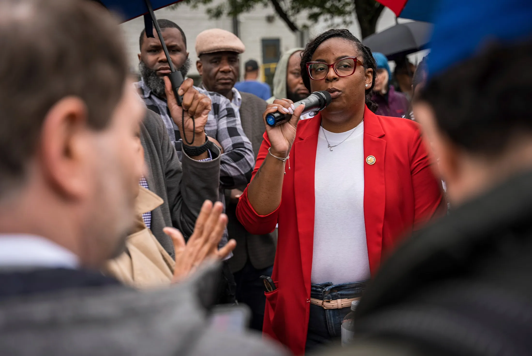 LaMonica McIver calls for the release of Newark Mayor Ras Baraka after his arrest while protesting outside an ICE detention facility in Newark on May 9.