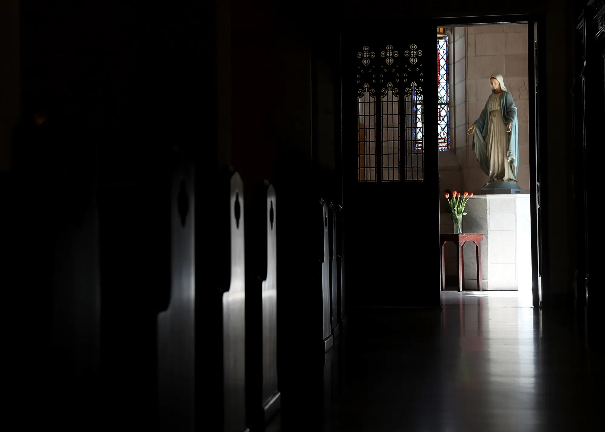 A statue of the Virgin Mary at a catholic church.