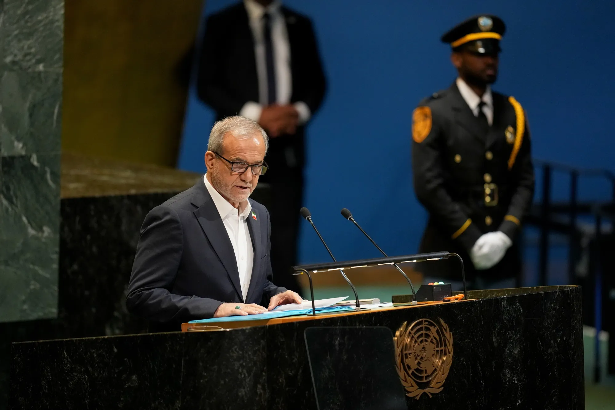 Masoud Pezeshkian, Iran's president, during the UN General Assembly&nbsp;in New York&nbsp;on Sept. 24.