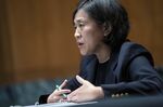 Katherine Tai, U.S. trade representative, speaks during a Senate hearing in Washington, D.C., on&nbsp;April 28.&nbsp;