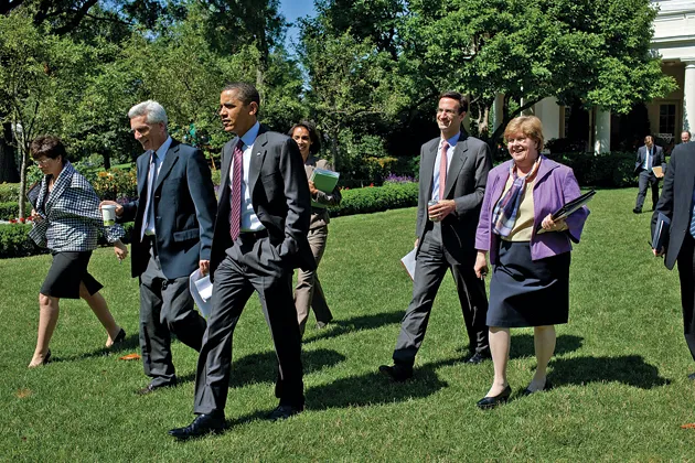 President Obama, flanked by Jared Bernstein, and tailed by Peter Orzag and Christina Romer