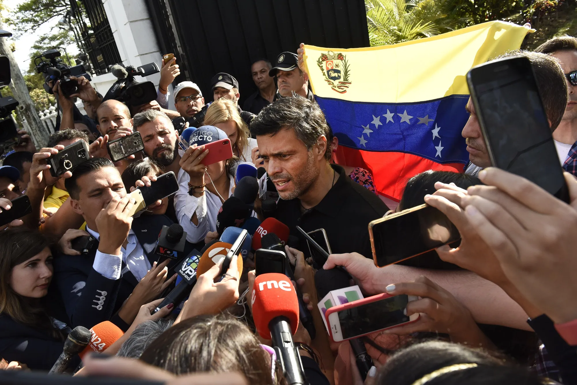 Leopoldo Lopez speaks to members of the media outside of the Spanish ambassador’s residence in Caracas on May 2.