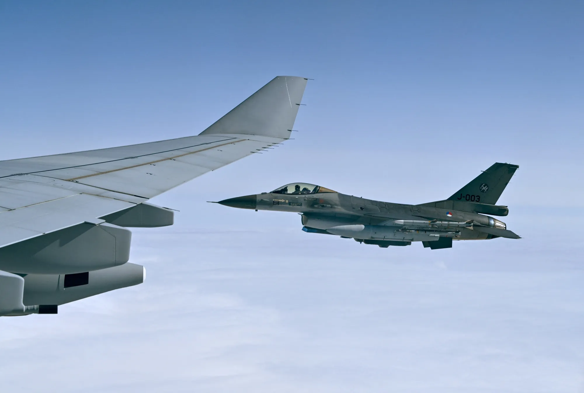 A Royal Netherlands Air Force F-16 fighter jet.