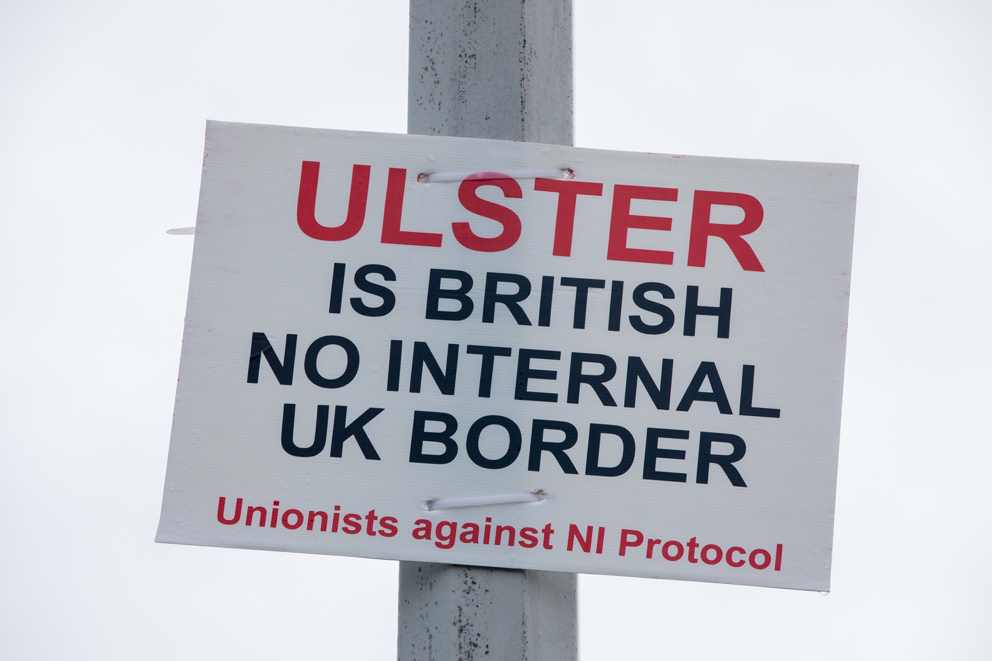 A placard on a lamppost near the Port of Larne in Larne, U.K., on Feb. 4.