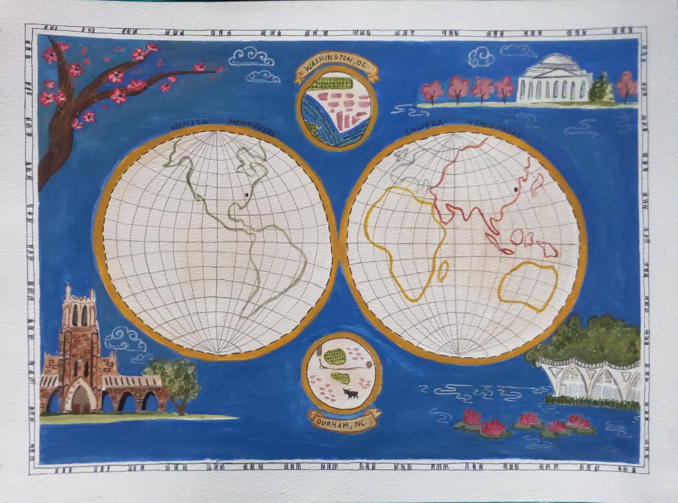 North planisphere showing (1) the present-day distribution (in