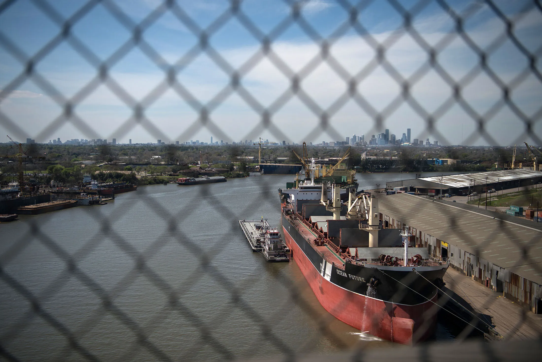 A ship is docked on the Houston Ship Channel.