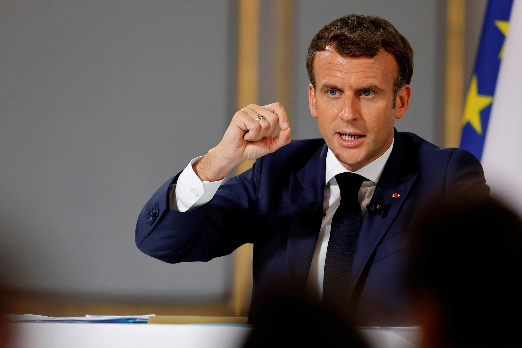 Emmanuel Macron speaks during a press conference ahead of the G7 Summit, at the Elysee Presidential Palace in Paris, on June 10.