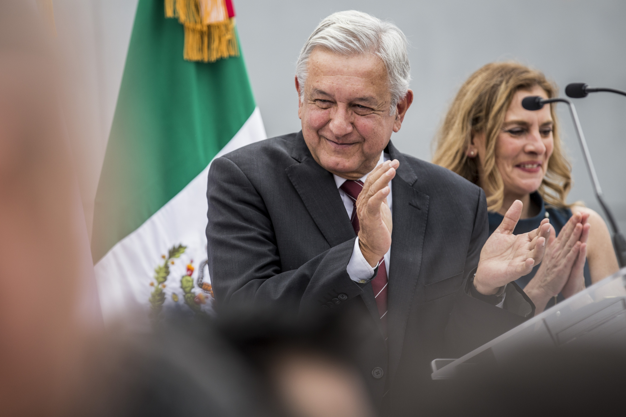 Andres Manuel Lopez Obrador, presidential candidate of the National Regeneration Movement Party (MORENA), smiles during a campaign rally&nbsp;in Mexico City, Mexico, on March 16.