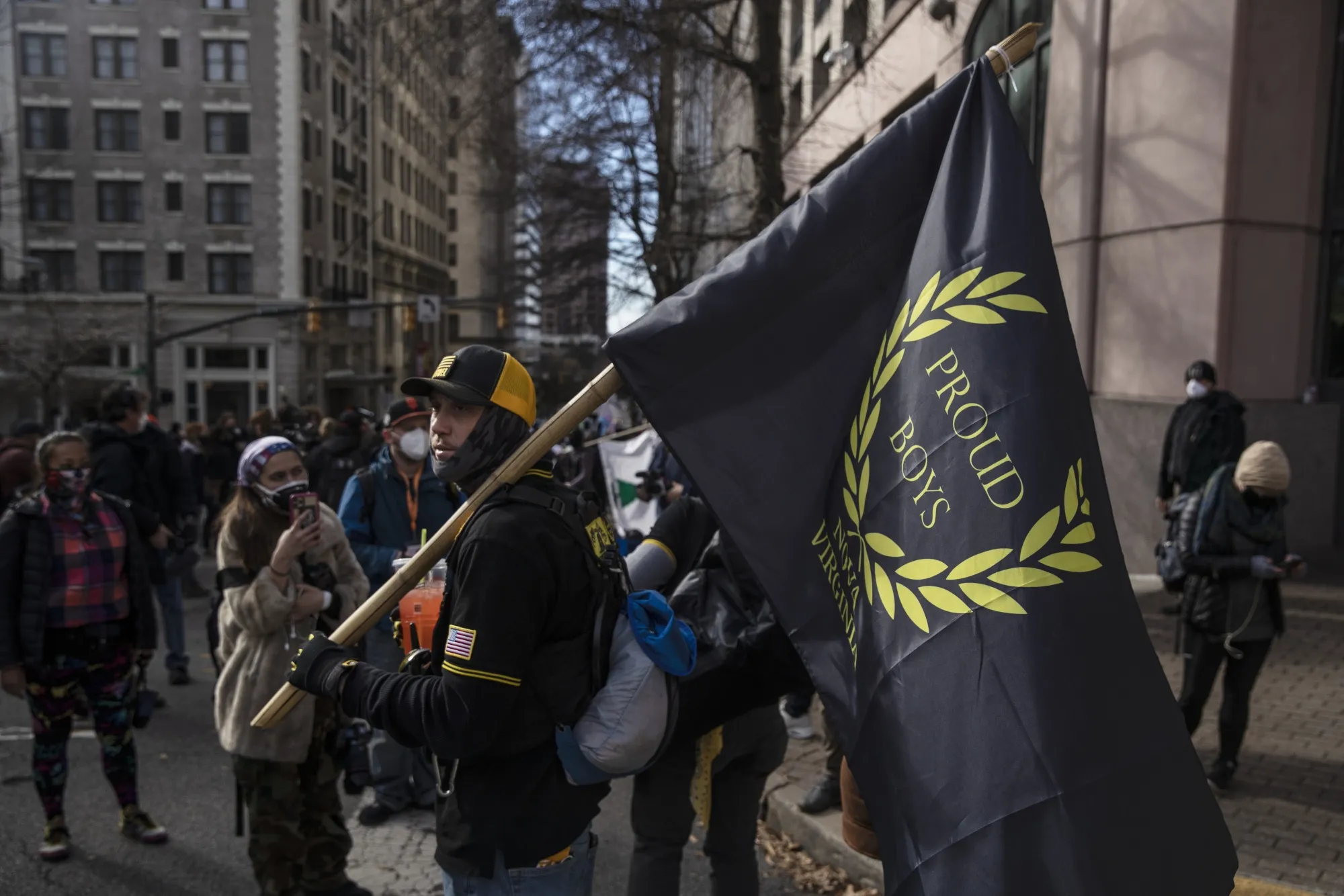 Members of the Proud Boys demonstrate during the Virginia Citizens Defense League (VCDL) Lobby Day rally at the Virginia State Capitol in Richmond, Virginia, U.S., on Monday, Jan. 18, 2021.&nbsp;Canadian lawmakers passed a motion calling on Prime Minister Justin Trudeau to add the Proud Boys to Canada’s official list of terrorist organizations.