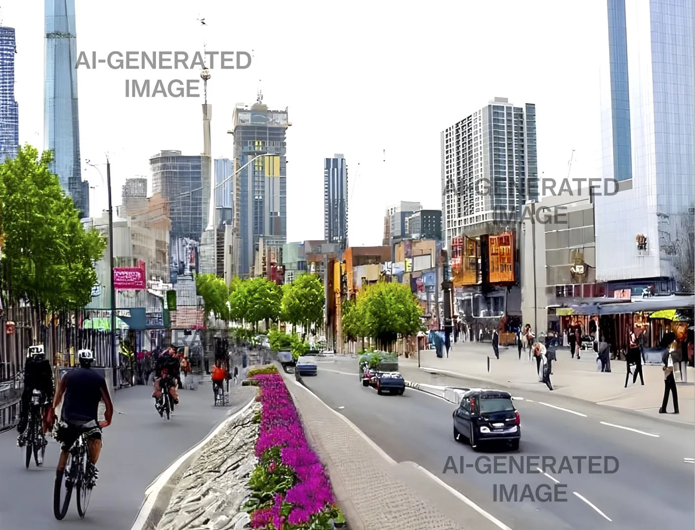 An AI rendering of what&nbsp;a pedestrian- and bike-friendly street could look like in Austin.&nbsp;