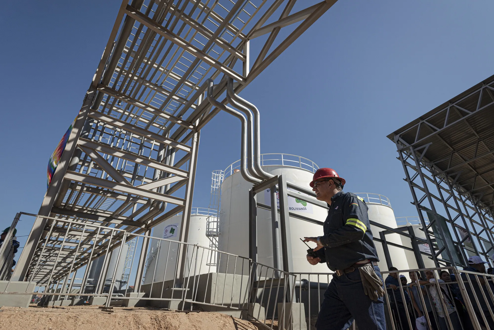 A worker at the Yacimientos Petroliferos Fiscales Bolivianos biodiesel plant near Santa Cruz de la Sierra, Bolivia.