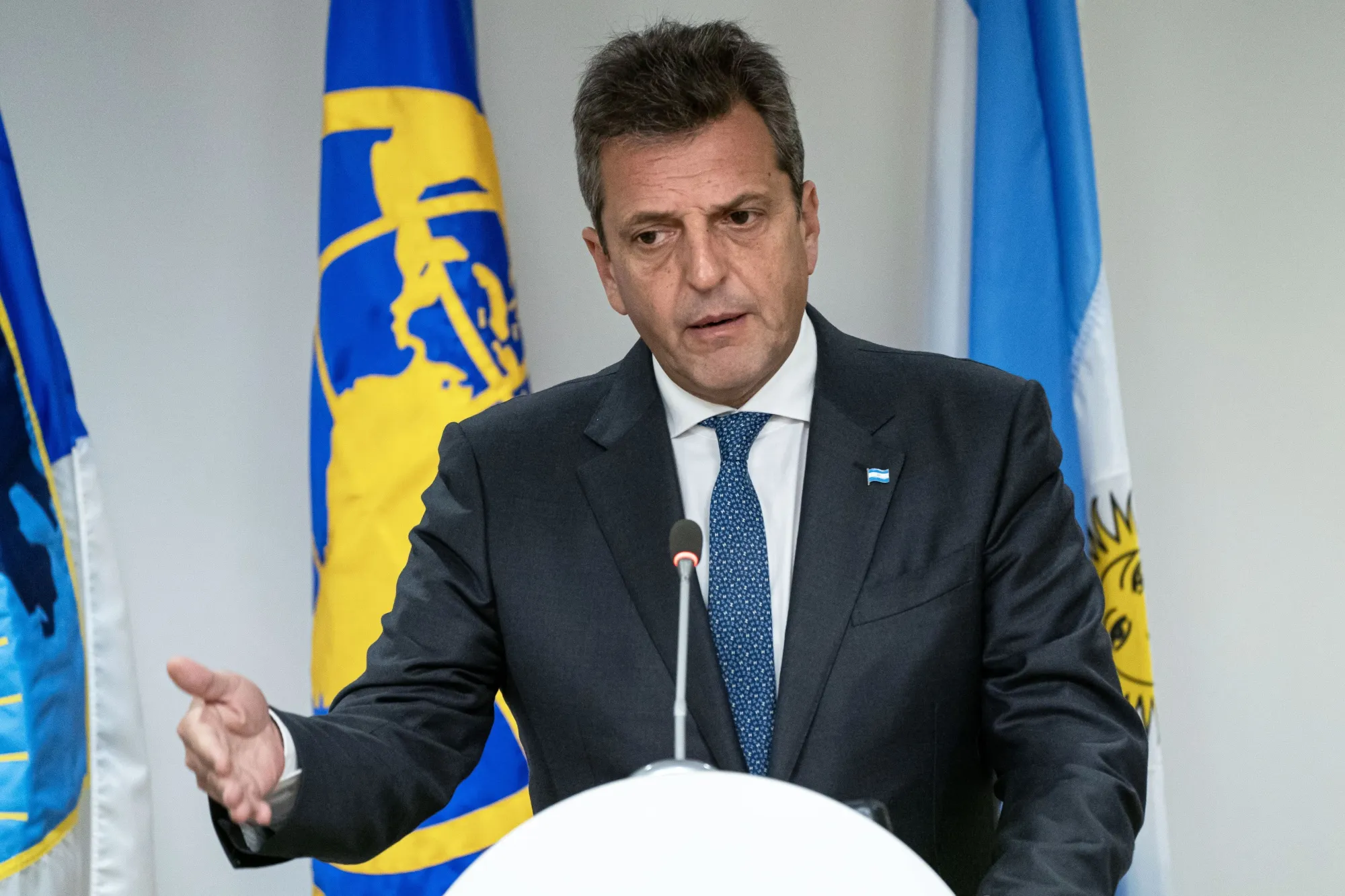 Sergio Massa speaks during a press conference in Washington, DC, on Aug. 22.