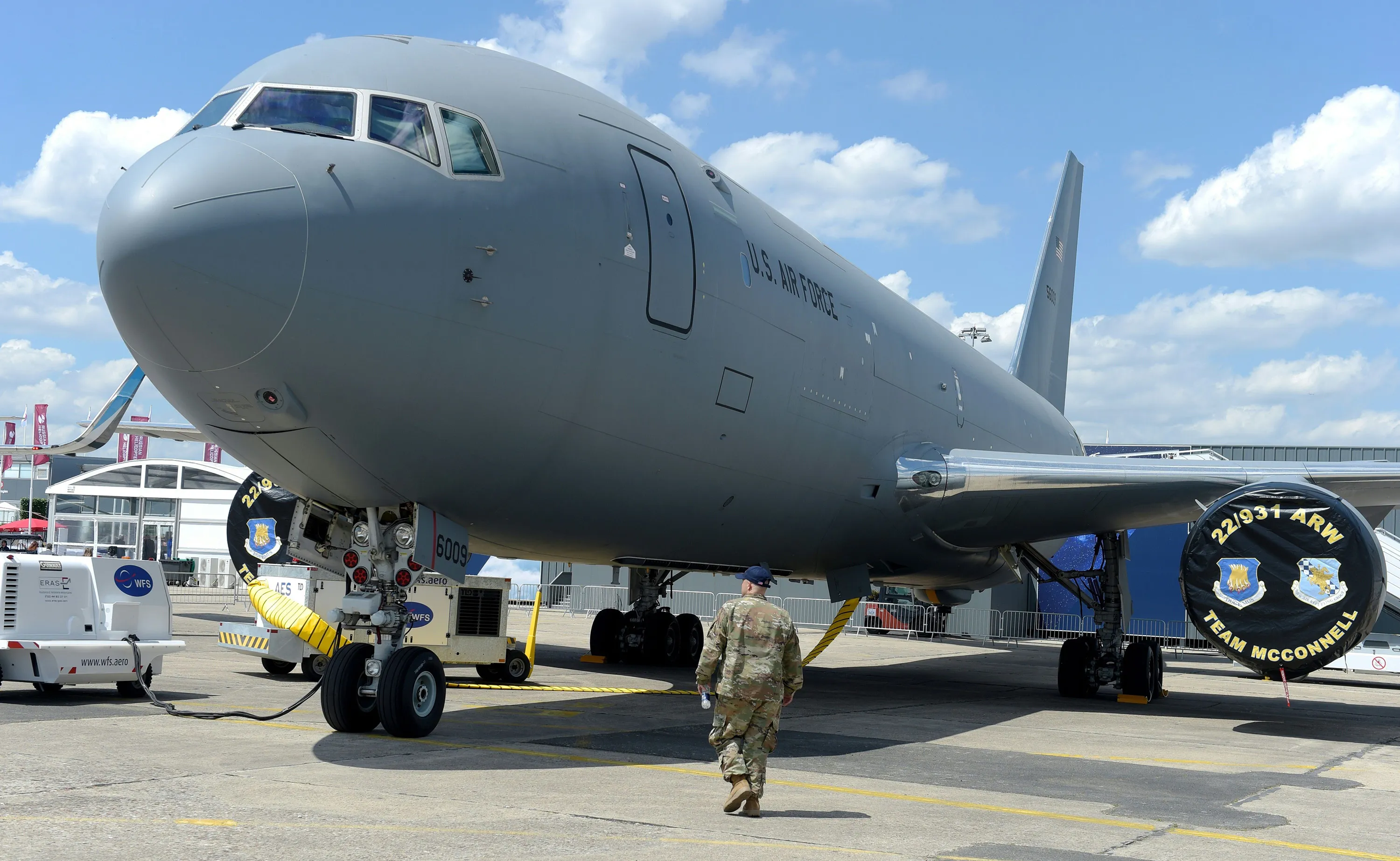 A Boeing KC-46 tanker sits at the Paris Air Show&nbsp;on June 17, 2019.