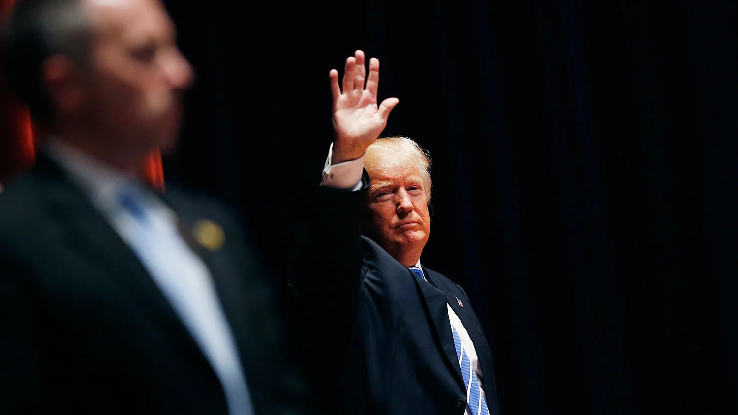 Donald Trump waves to attendees during a campaign event in Evansville, Indiana, on April 28, 2016.
