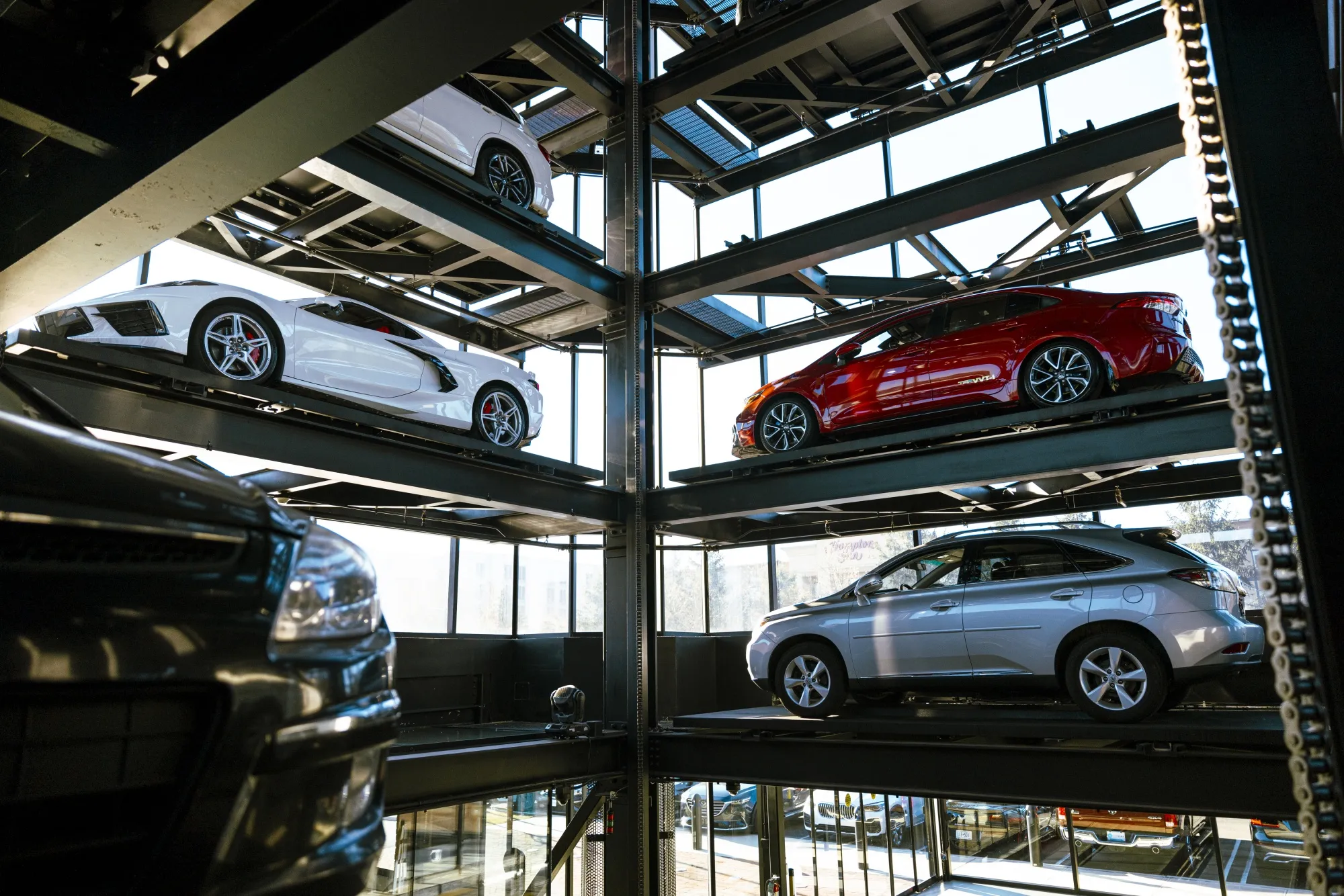 Vehicles inside a Carvana vending machine in Uniondale, New York.