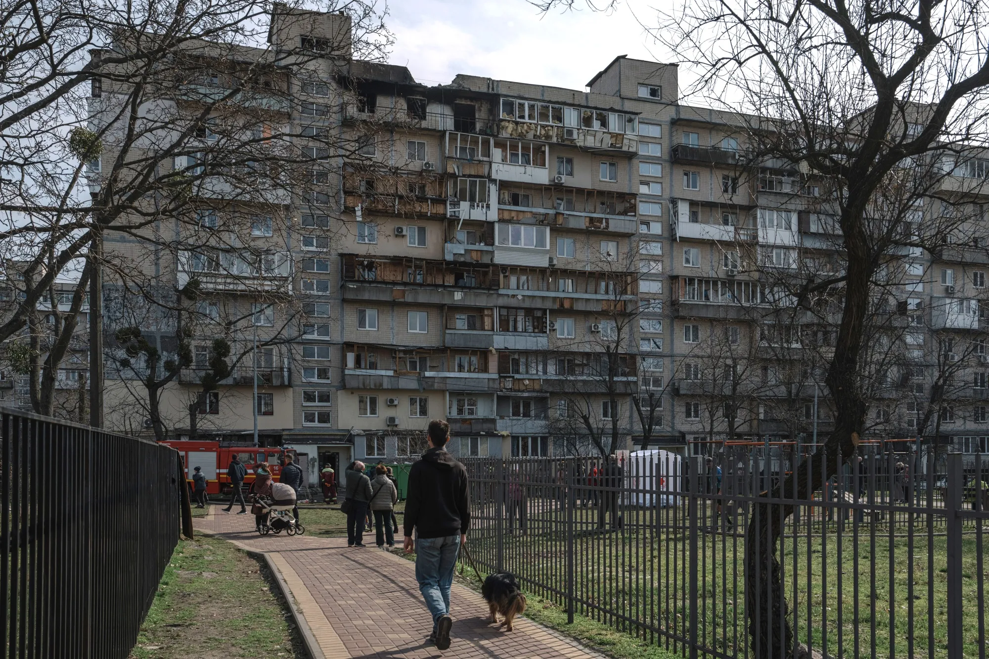 A damaged residential apartment in a high rise building following a Russian night drone strike in Kyiv, Ukraine.