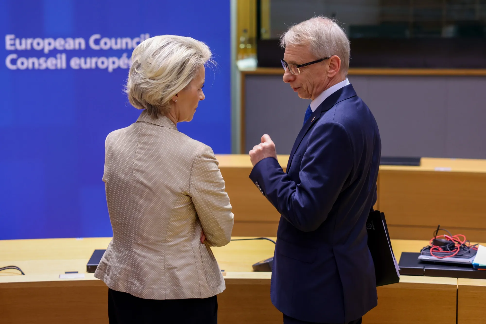 Nikolai Denkov, right, speaks with Ursula von der Leyen in Brussels on Oct. 27.