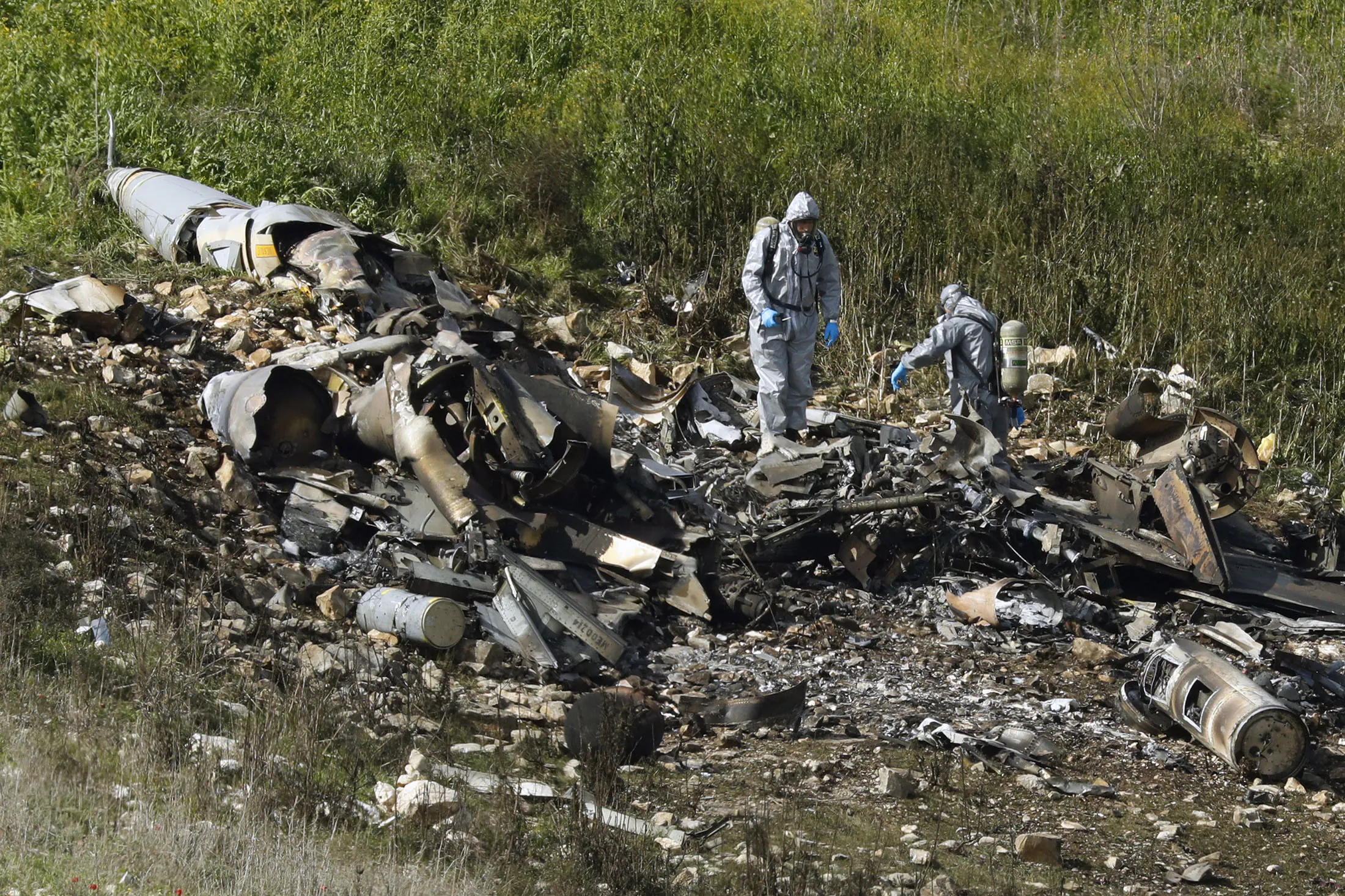 The remains of an Israeli F-16 that crashed in northern Israel on Feb. 10.