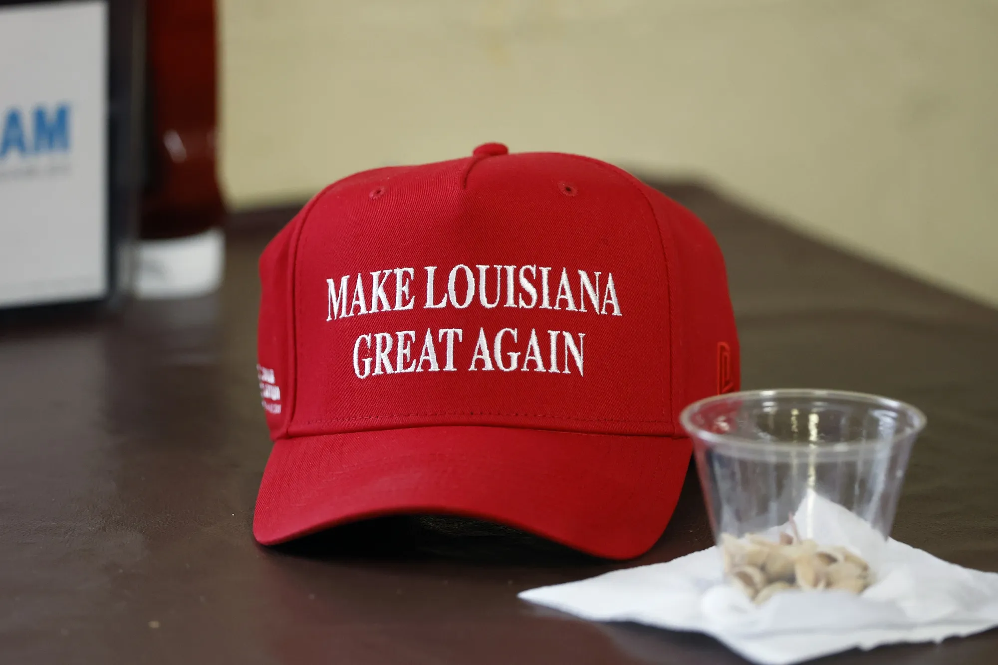 A detailed view of a hat that reads “Make Louisiana Great Again” is seen at a campaign event for U.S. Rep. Julia Letlow (R-LA), a primary rival to incumbent U.S. Sen. Bill Cassidy (R-La.).