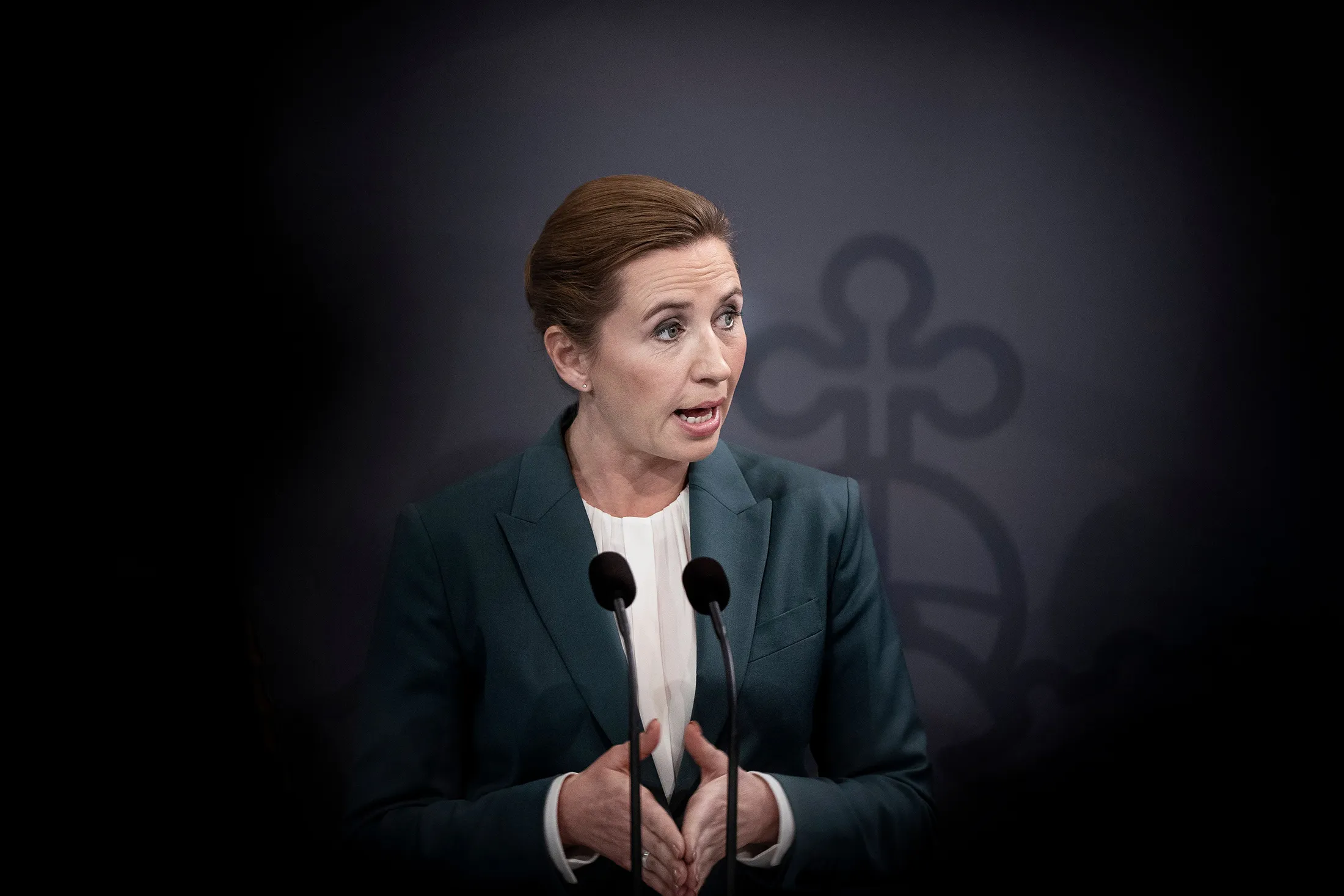 Mette Frederiksen speaks at a press conference in Copenhagen, on March 10.